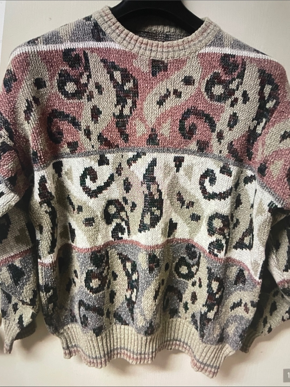Mens Cream & Dusty Pink Patterned Knit Sweater